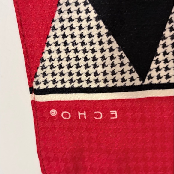 Echo 100% Silk Scarf Red White and Black Diamond Harlequin Pattern 11”x 59” - Picture 5 of 11